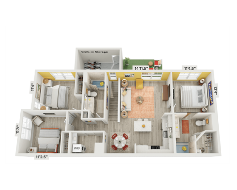 Floor plan for 3 beds, 2 baths, 1231 sqft